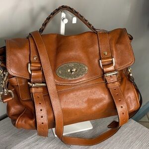 Authentic Mulberry Alexa Leather Satchel with Brass Turnlock - Cognac Brown
